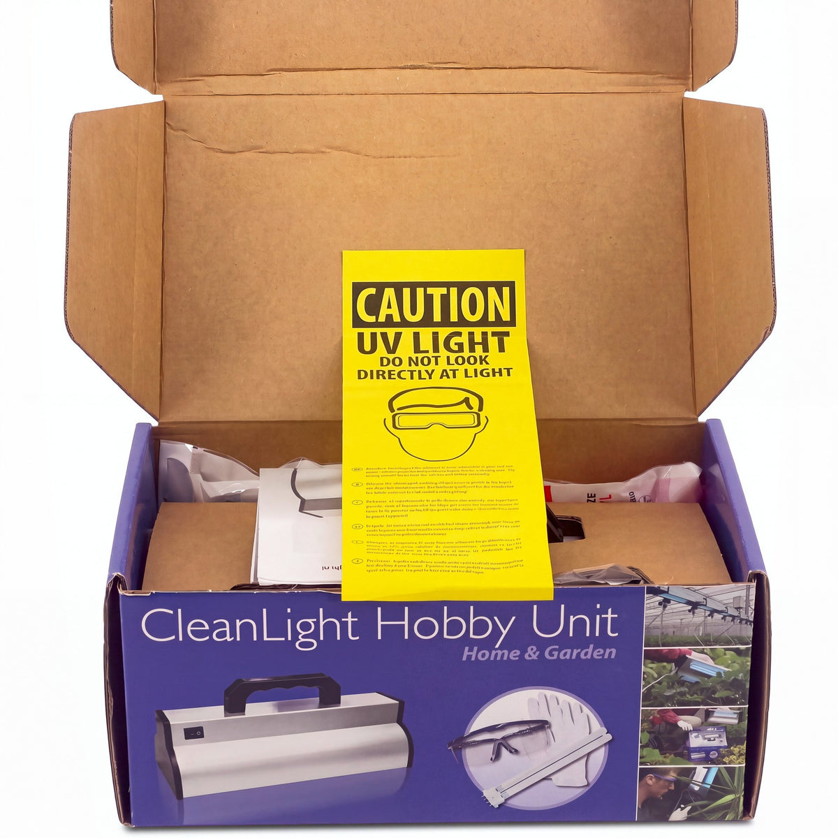 CleanLight Hobby box contents with UV safety warning